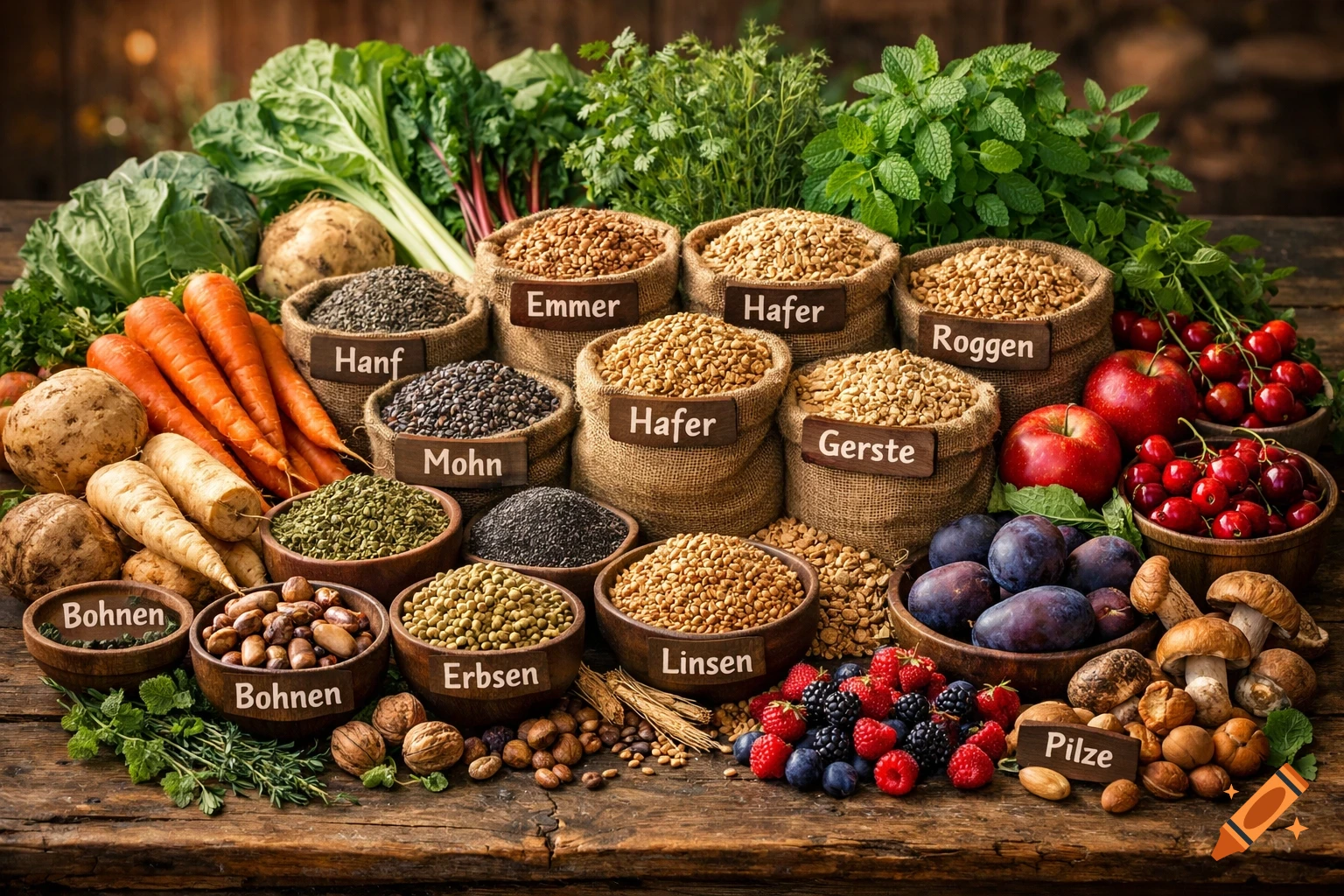 A rustic wooden table laden with various fresh produce, grains in burlap sacks, nuts, and berries, with German labels.