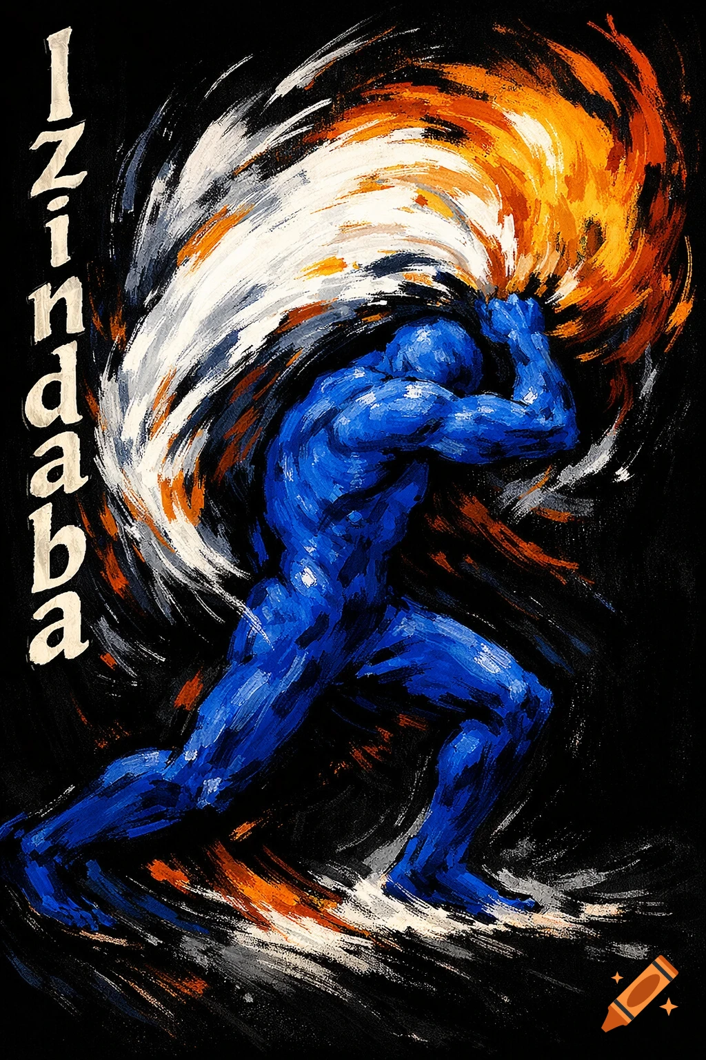 Abstract painting of a blue human figure running, carrying a swirling white and orange mass. Text 'Izindaba' on the left.