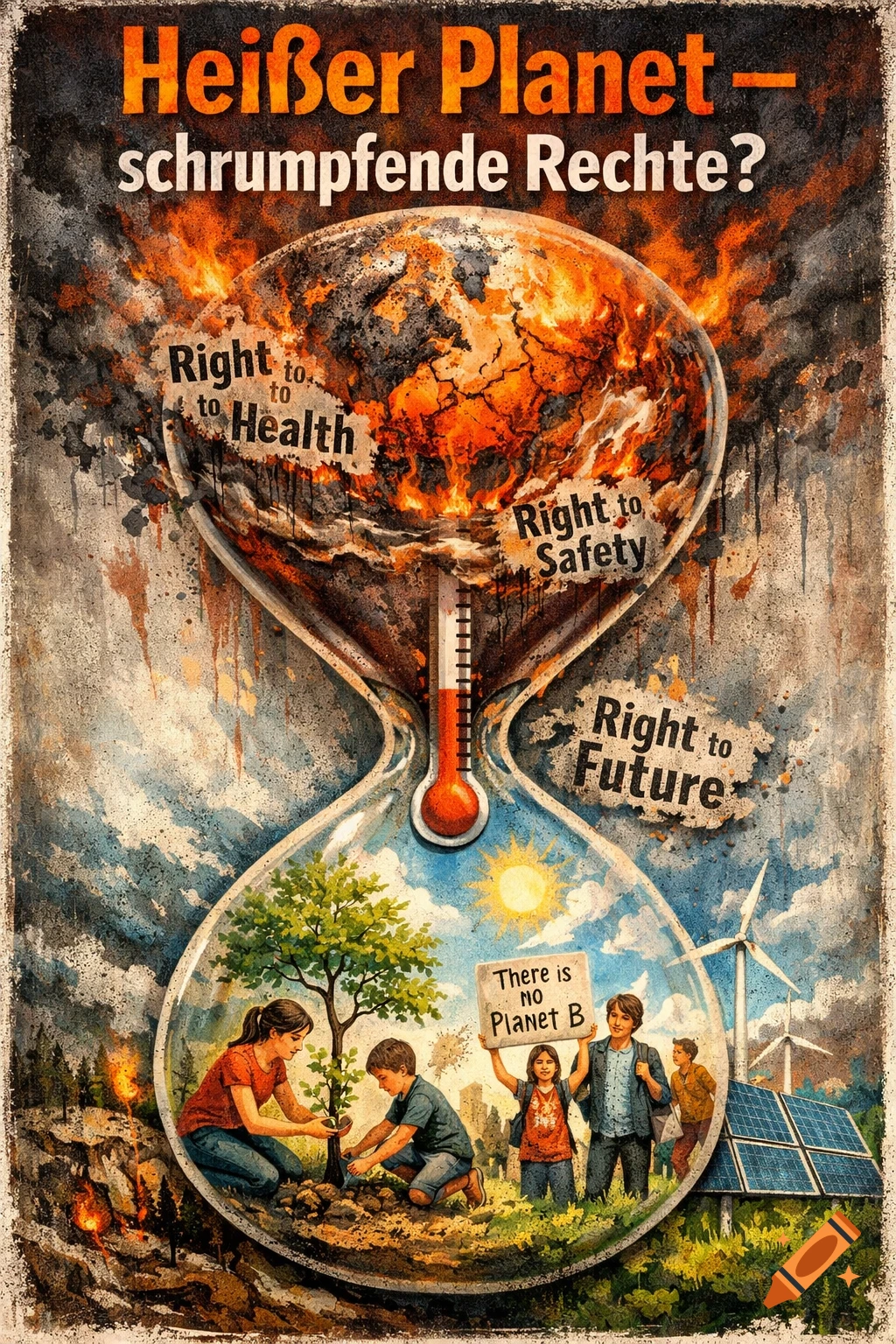 A stylized mixed-media poster shows an hourglass. The top contains a burning Earth and phrases 'Right to Health', 'Right to Safety', 'Right to Future'. The bottom shows people planting trees, solar panels, and wind turbines, with a sign saying 'There is no Planet B'. The title reads 'Heißer Planet – schrumpfende Rechte?'