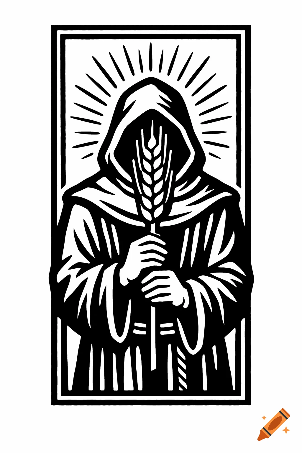 Black-and-white line art of a hooded monk holding a barley stalk, in a medieval woodcut style.