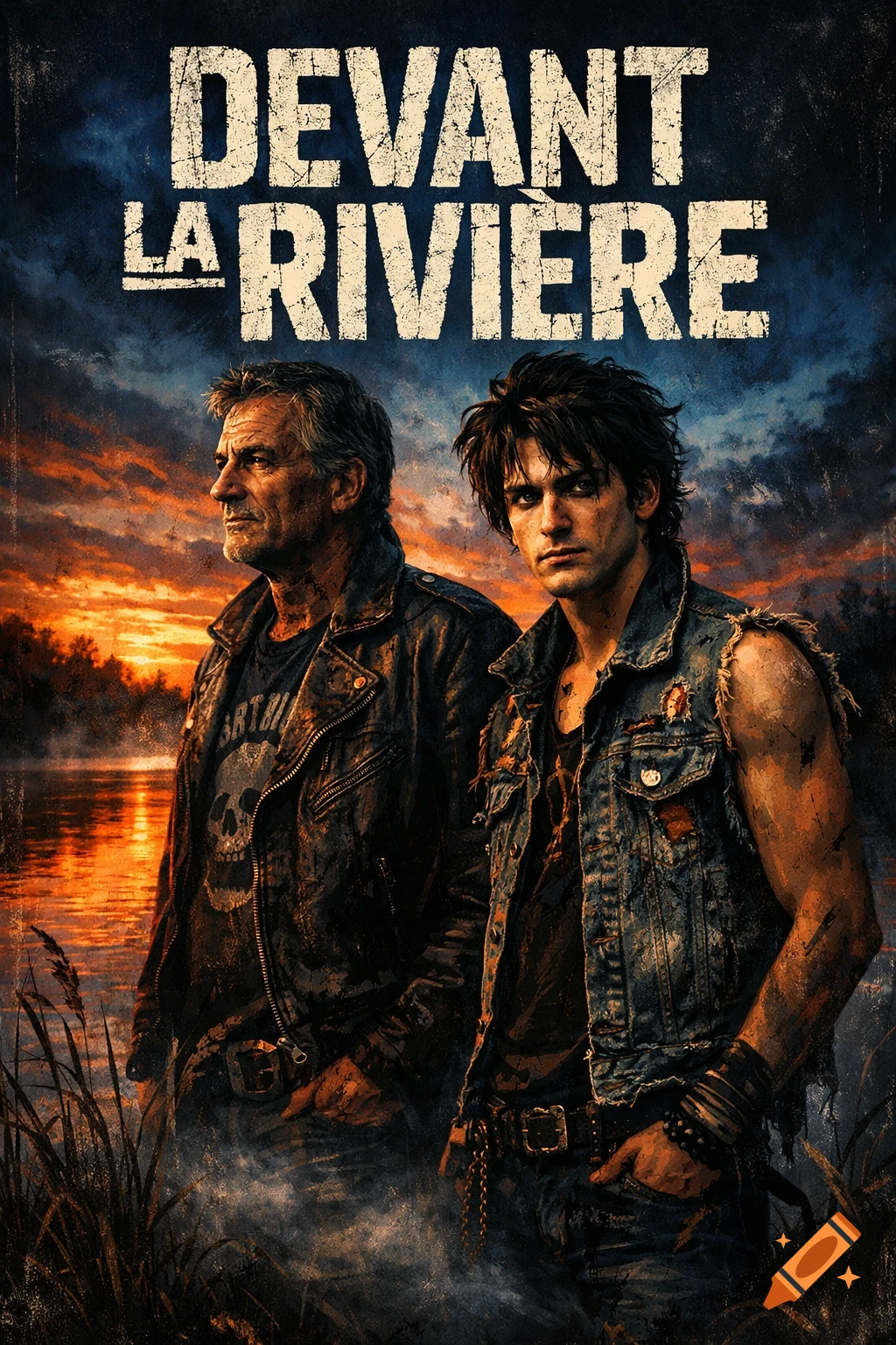 Two men in punk-style leather and denim vests stand by a river at sunset with text "DEVANT LA RIVIERE" above.