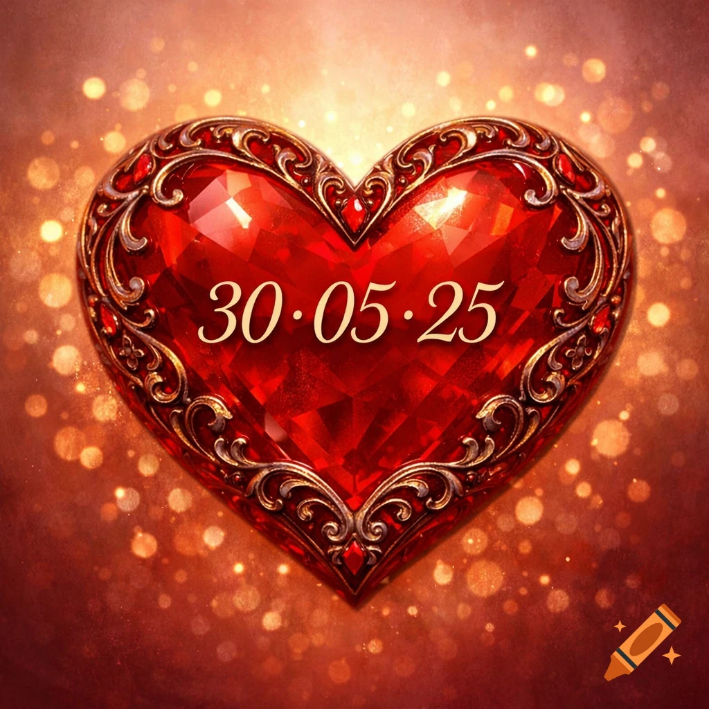 A sparkling red jeweled heart with intricate gold filigree, displaying the date 30 • 05 • 25, against a bokeh background.