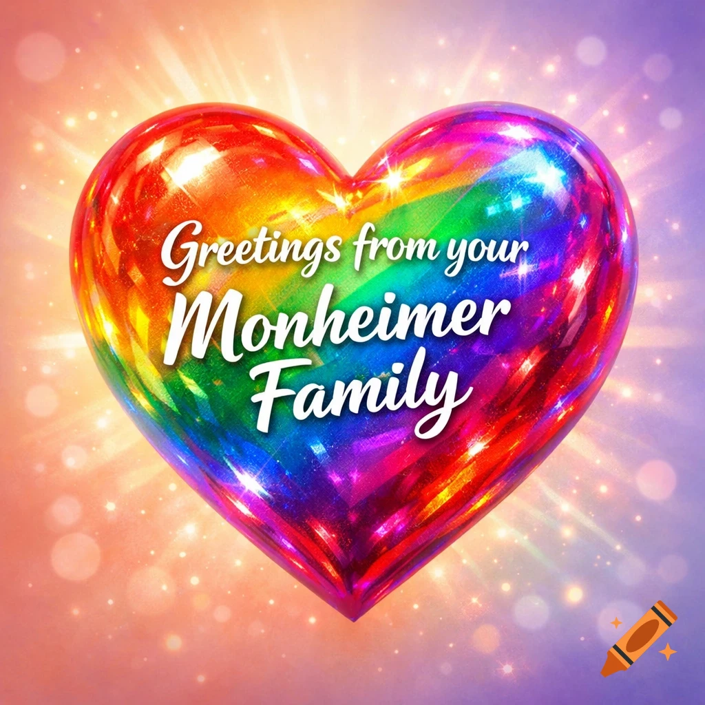 A vibrant, shiny, multifaceted rainbow heart with the text 'Greetings from your Monheimer Family' on a sparkling background.