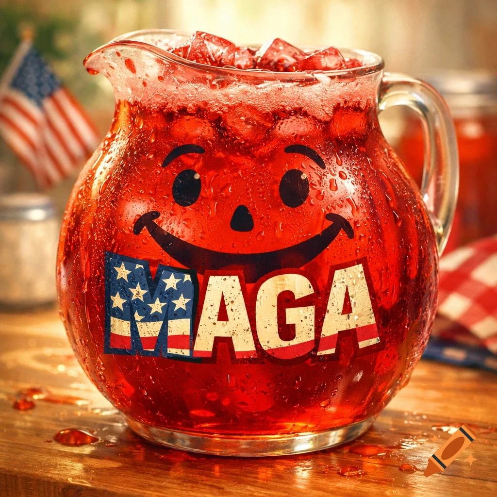 Photorealistic image of a sweating pitcher of red drink with a smiley face and 'MAGA' label, an American flag in the background.