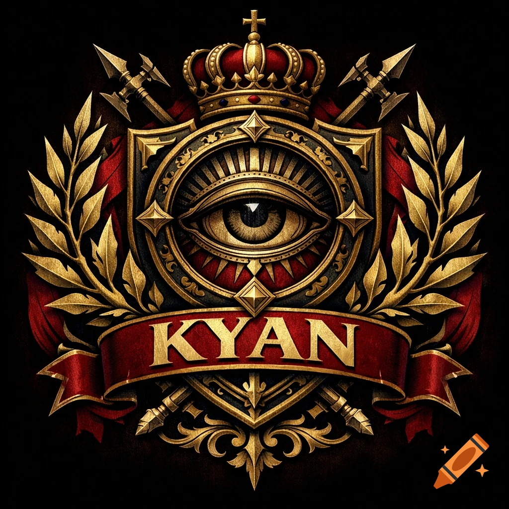 Ornate gold and red heraldic crest with crown, all-seeing eye, and 'KYAN' on a banner in an ancient style.