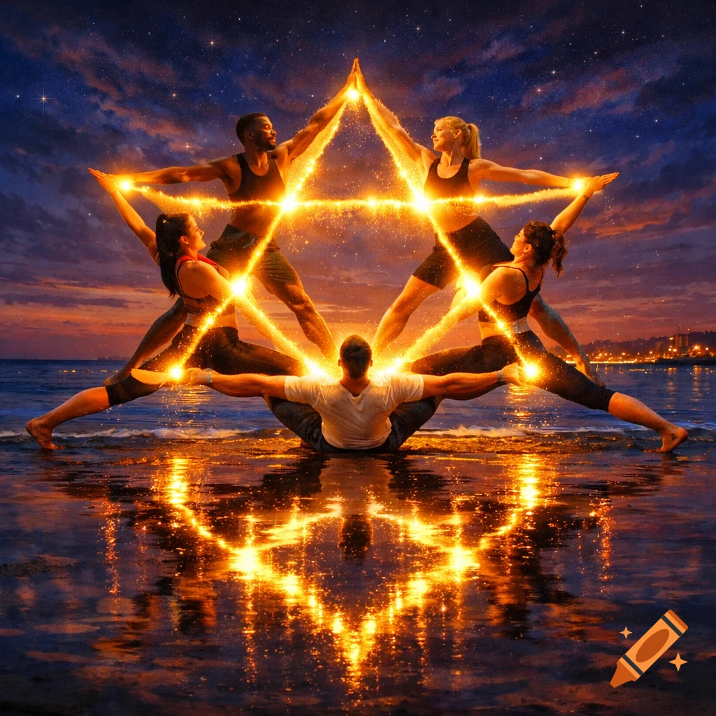 Five people on a beach at sunset forming a glowing Star of David with their bodies, reflected in the water.