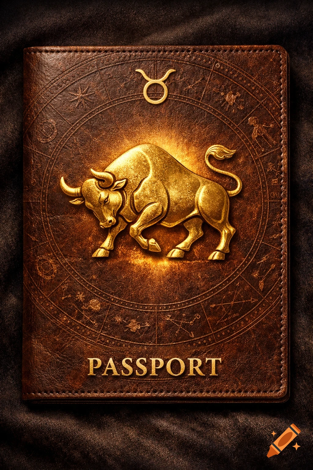 A detailed, richly textured brown leather passport cover featuring a prominent golden bull emblem and zodiac symbols with the word 'PASSPORT'.