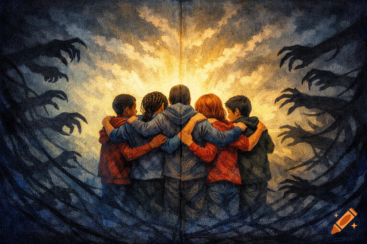 Five children huddle together, backs to the viewer, facing a bright light, while dark, shadowy, clawed hands surround them. Illustrated.