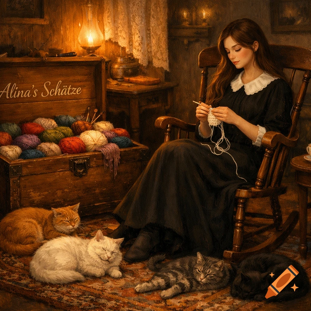 A woman knitting in a warm, vintage room with a chest of yarn, surrounded by four sleeping cats. Painterly style.