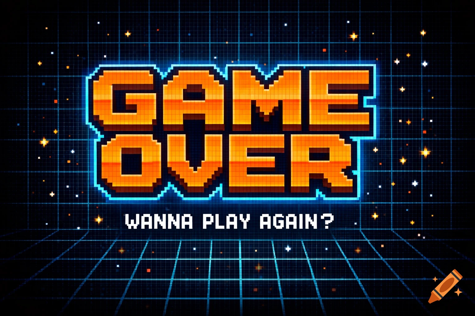 Pixel art 'GAME OVER' screen with 'WANNA PLAY AGAIN?' text, glowing blue outlines, and a grid background.