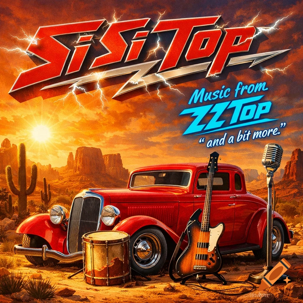 A red classic Ford Coupe in a desert landscape with saguaro cacti, a drum, an electric guitar, and a microphone stand, with text "Si Si Top" and "Music from ZZ Top "and a bit more.""