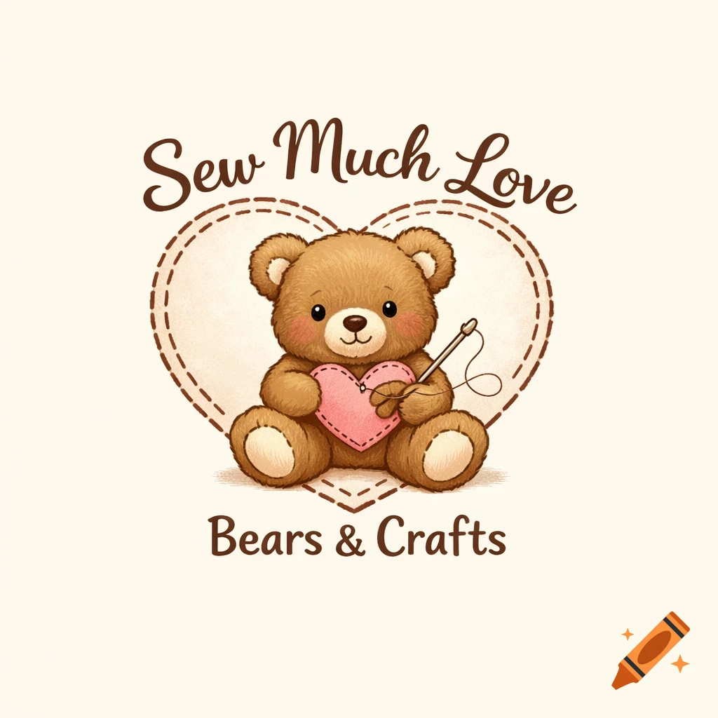 Cute teddy bear logo for 'Sew Much Love Bears & Crafts' with a heart, needle, and thread, in a cozy storybook style.
