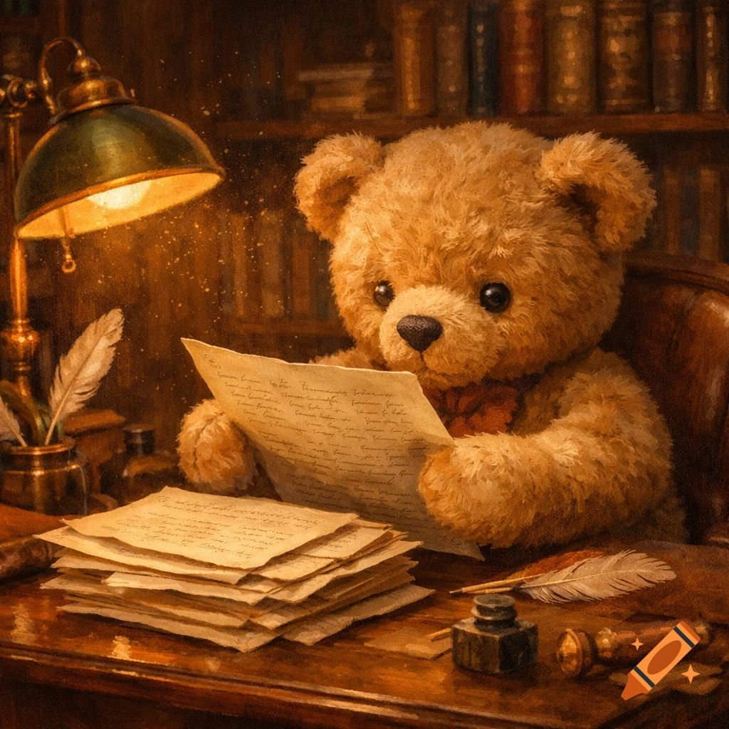 A cozy, painterly image of a tan teddy bear intently reading a letter at a wooden desk under a warm lamp, surrounded by old papers.