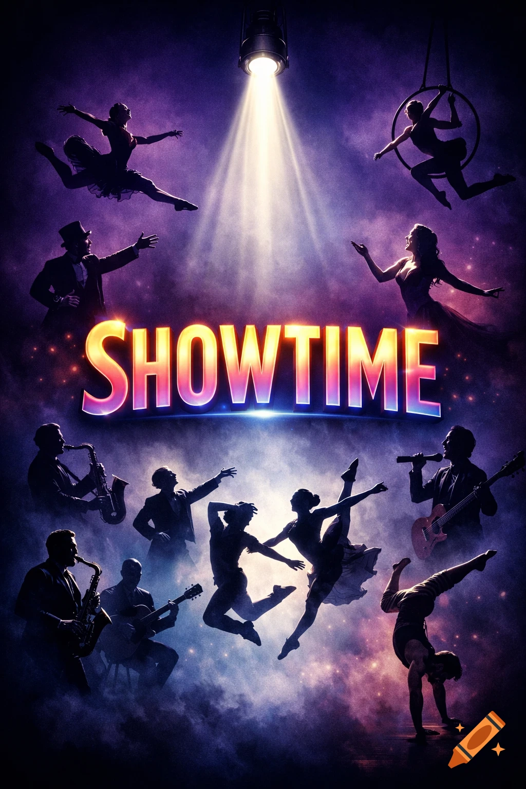 A dramatic purple and blue poster with a spotlight, showing silhouettes of dancers, musicians, and acrobats, with 'SHOWTIME' in glowing letters.