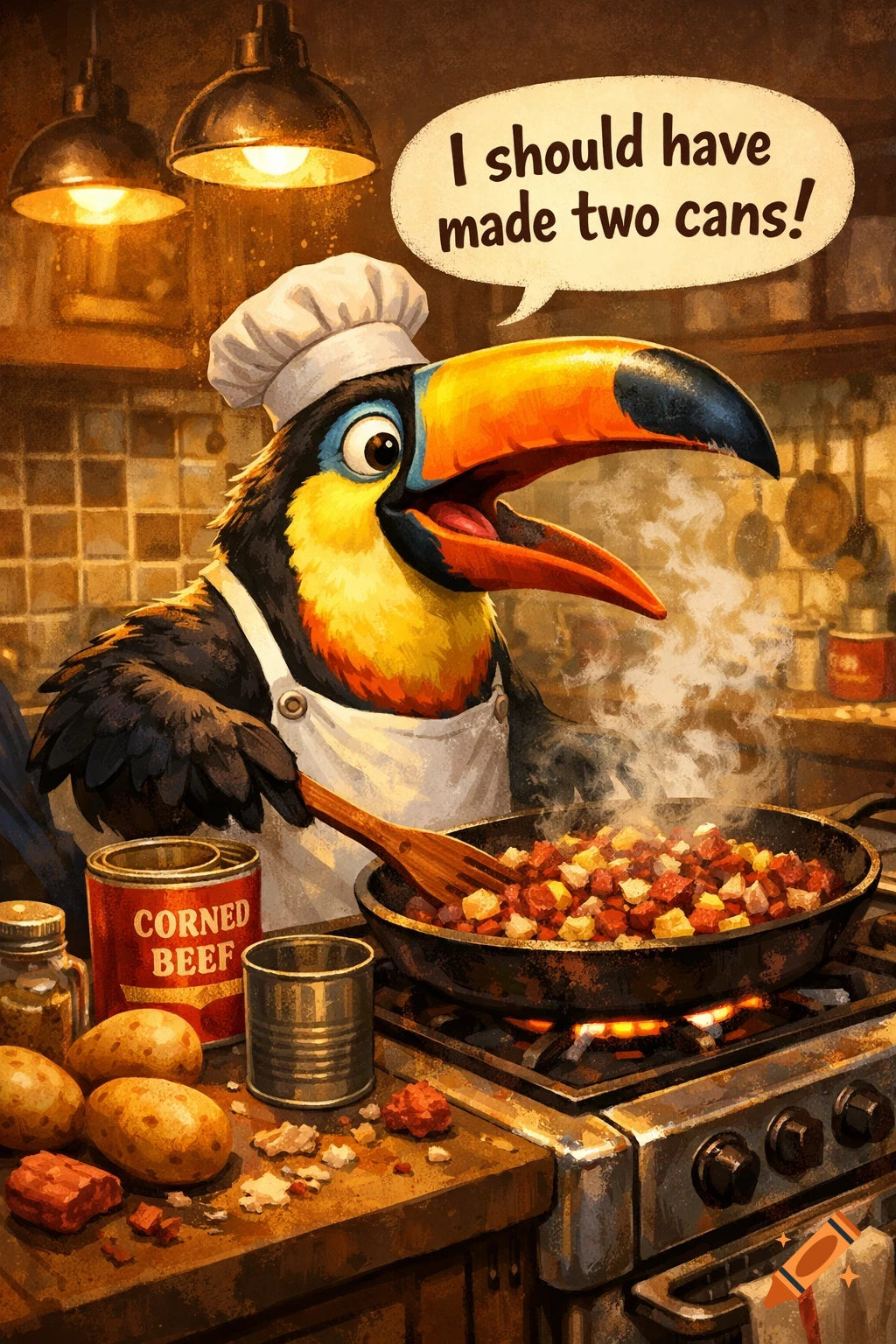 A cartoon toucan chef in an apron cooks corned beef hash on a stove, lamenting 'I should have made two cans!' in an illustrative style.