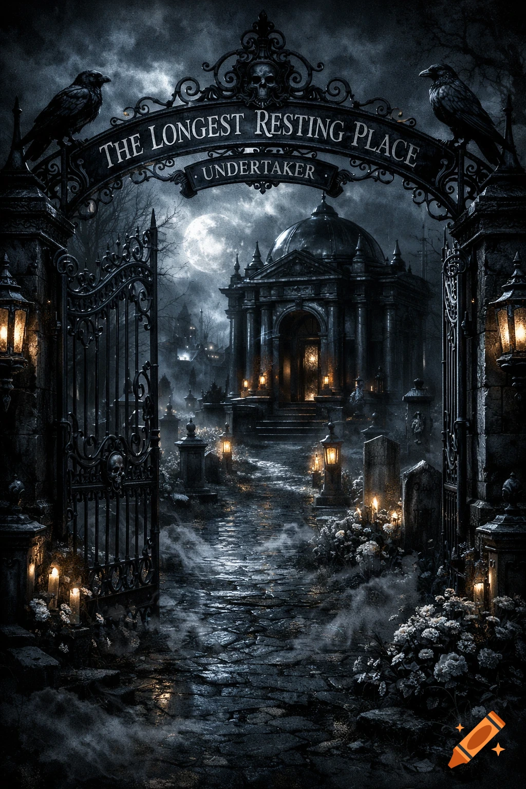 Moonlit gothic cemetery entrance with an ornate iron gate, ravens, fog, gravestones, and a grand mausoleum in a dark fantasy style.