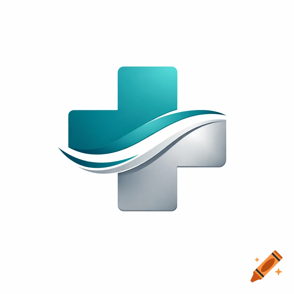 A teal and silver medical cross logo with a curving wave design across its center.