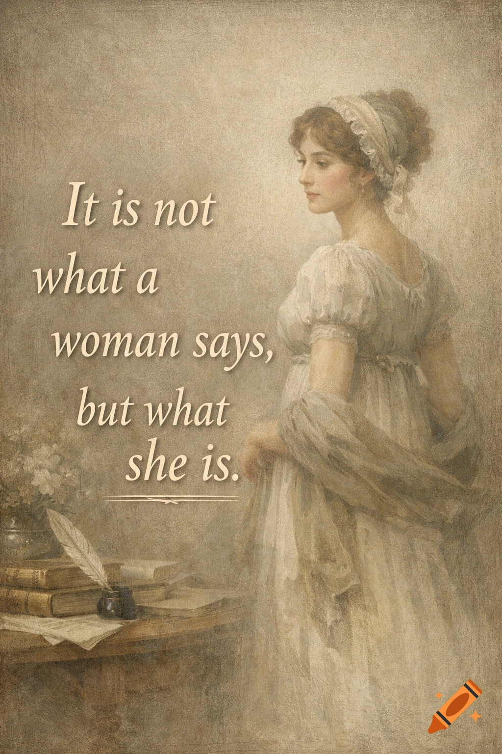 Vintage painting of a Regency woman looking over her shoulder, with the quote 'It is not what a woman says, but what she is.'