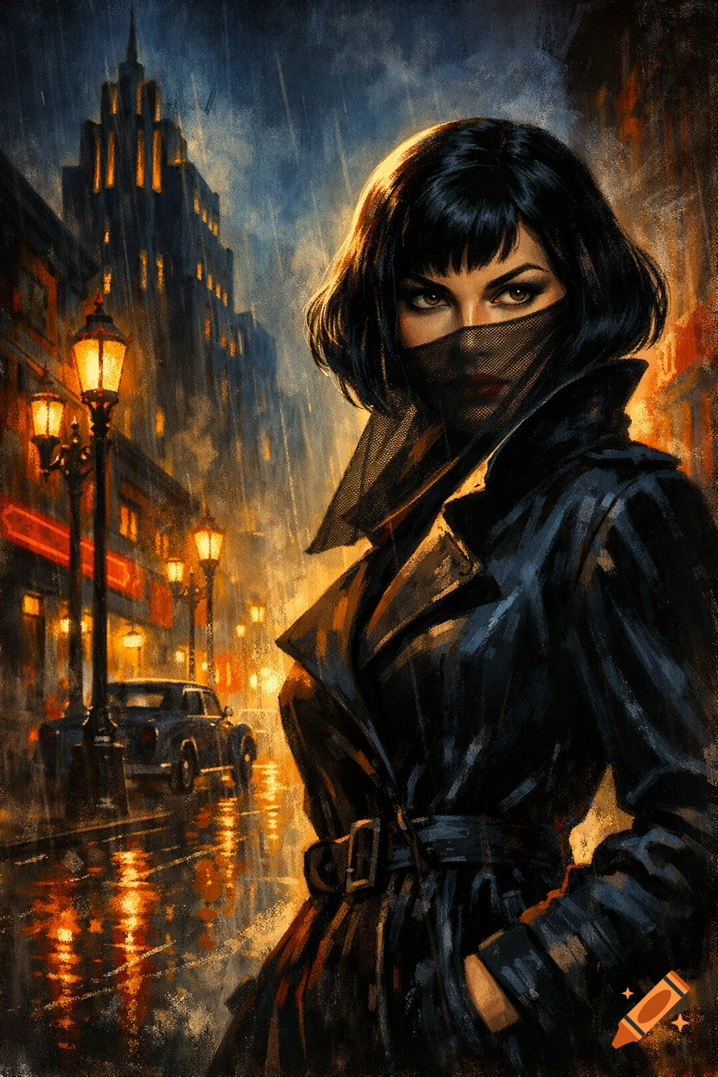 Painterly noir illustration of a mysterious woman in a trench coat and veil on a rainy city street at night.