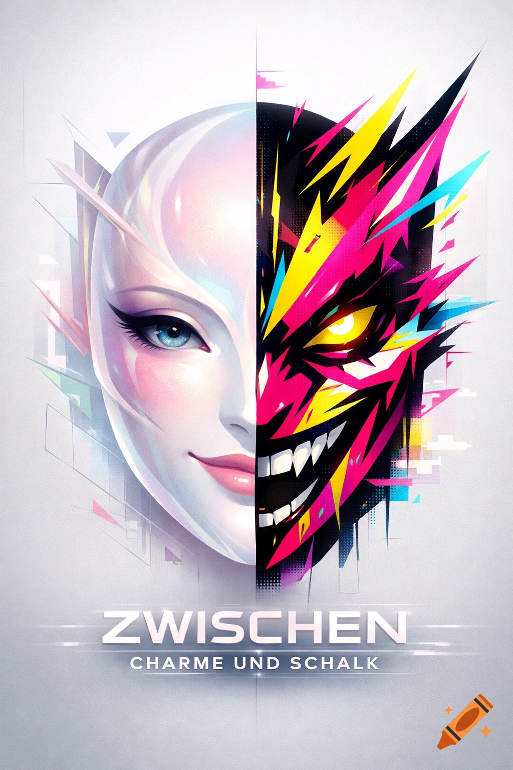 Graphic design of a face split in half: one side serene and pastel, the other a vibrant, spiky, menacing mask. Text below.