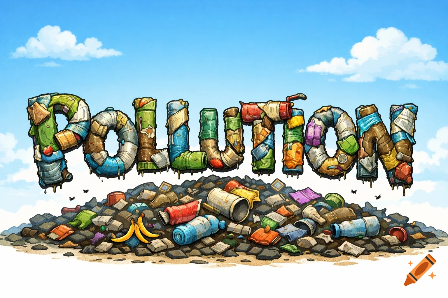 Cartoon illustration of the word 'POLLUTION' formed by colorful trash and garbage piled on the ground under a blue sky.