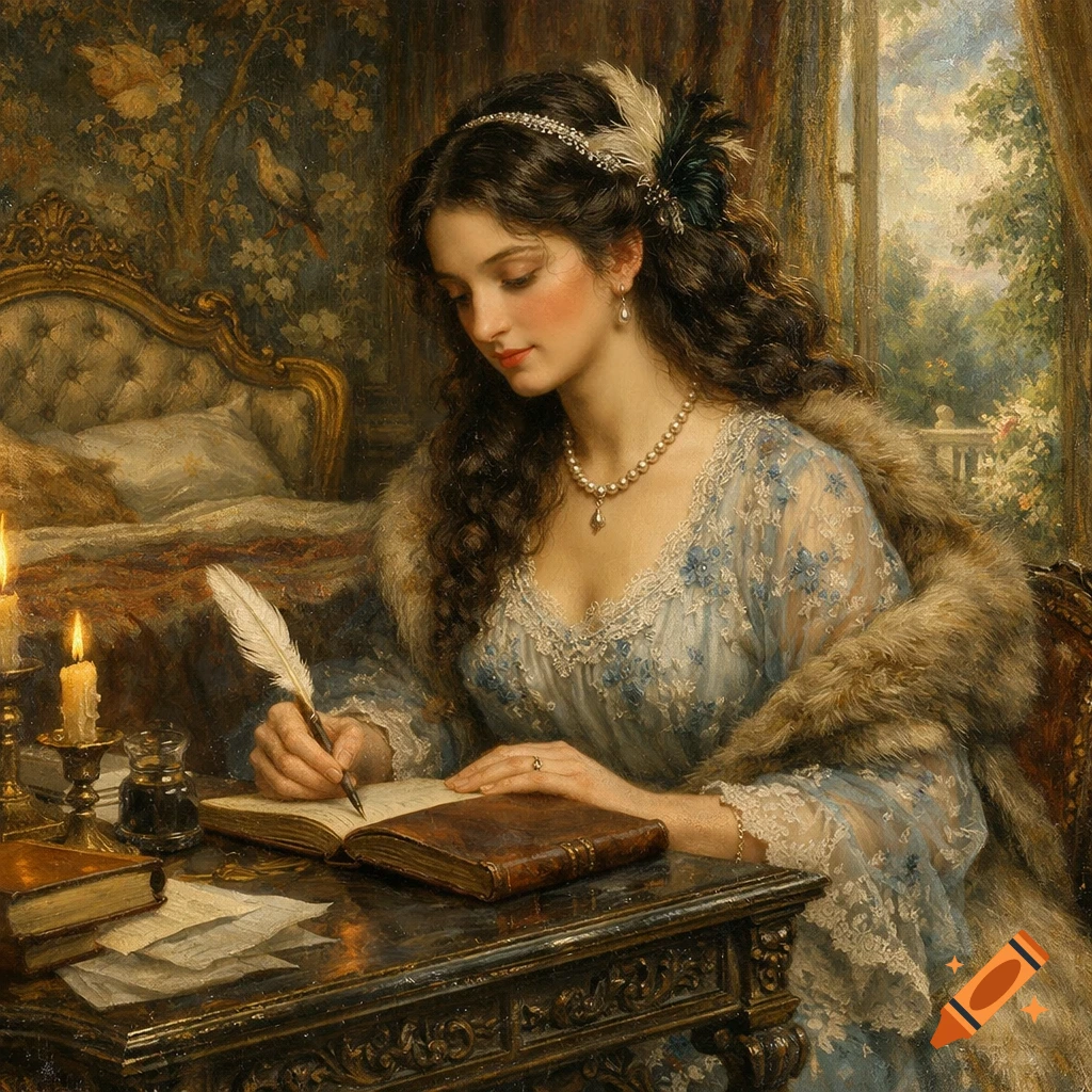 An oil painting of a serene Victorian woman with dark curly hair, wearing a lace blouse and fur stole, writing in a notebook with a quill pen at an ornate desk.