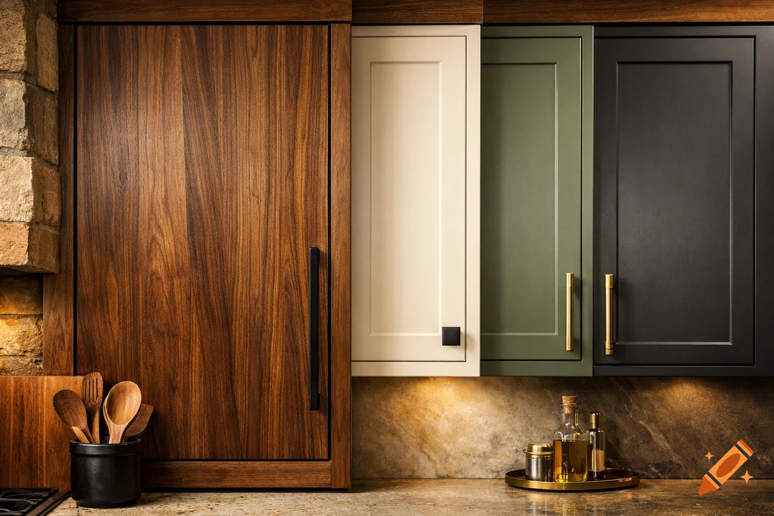 Modern kitchen with wood, cream, sage green, and charcoal shaker cabinets, a countertop with utensils and bottles.