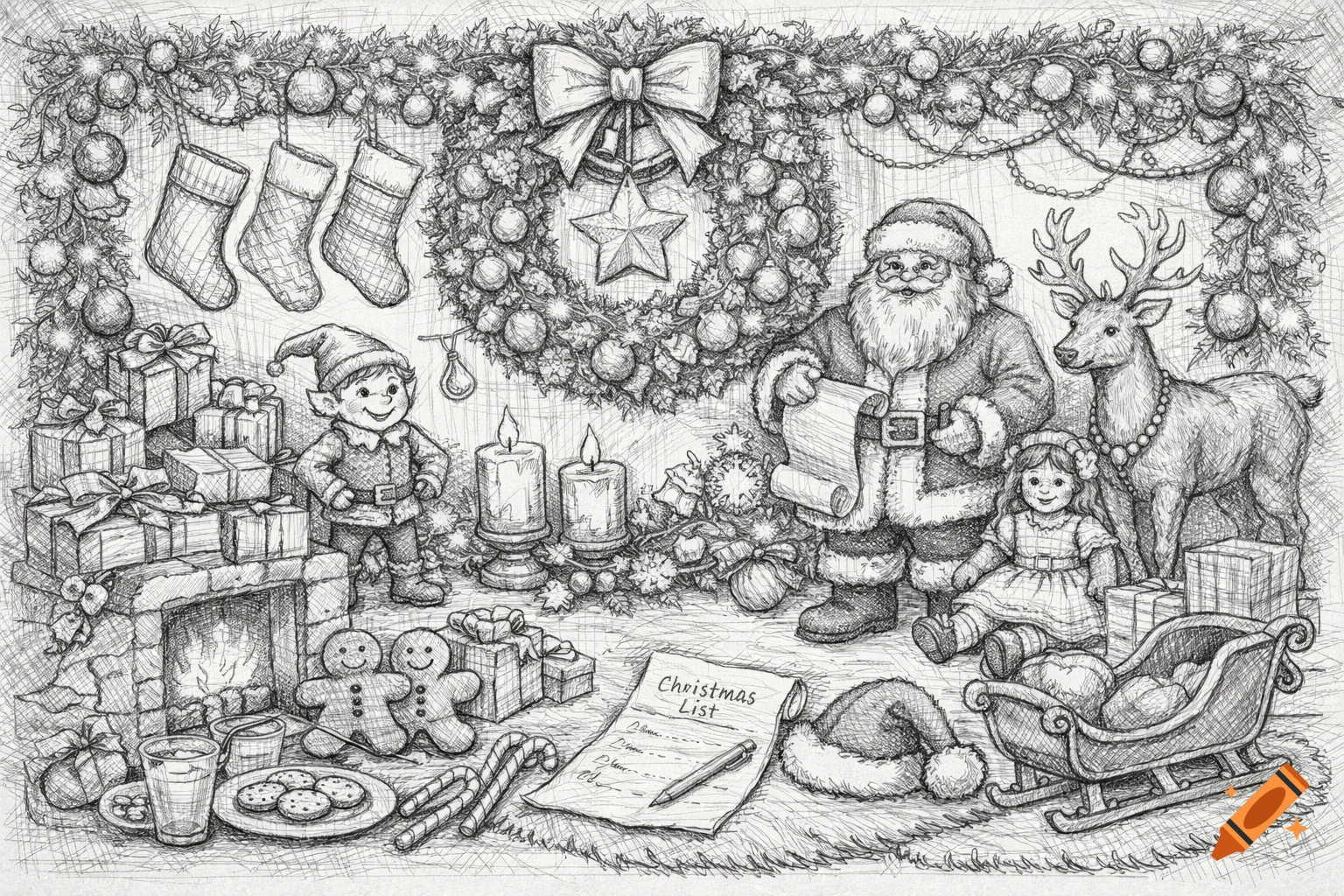 Detailed pencil sketch of a Christmas scene with Santa, an elf, a girl, a reindeer, gifts, stockings, and a Christmas list.