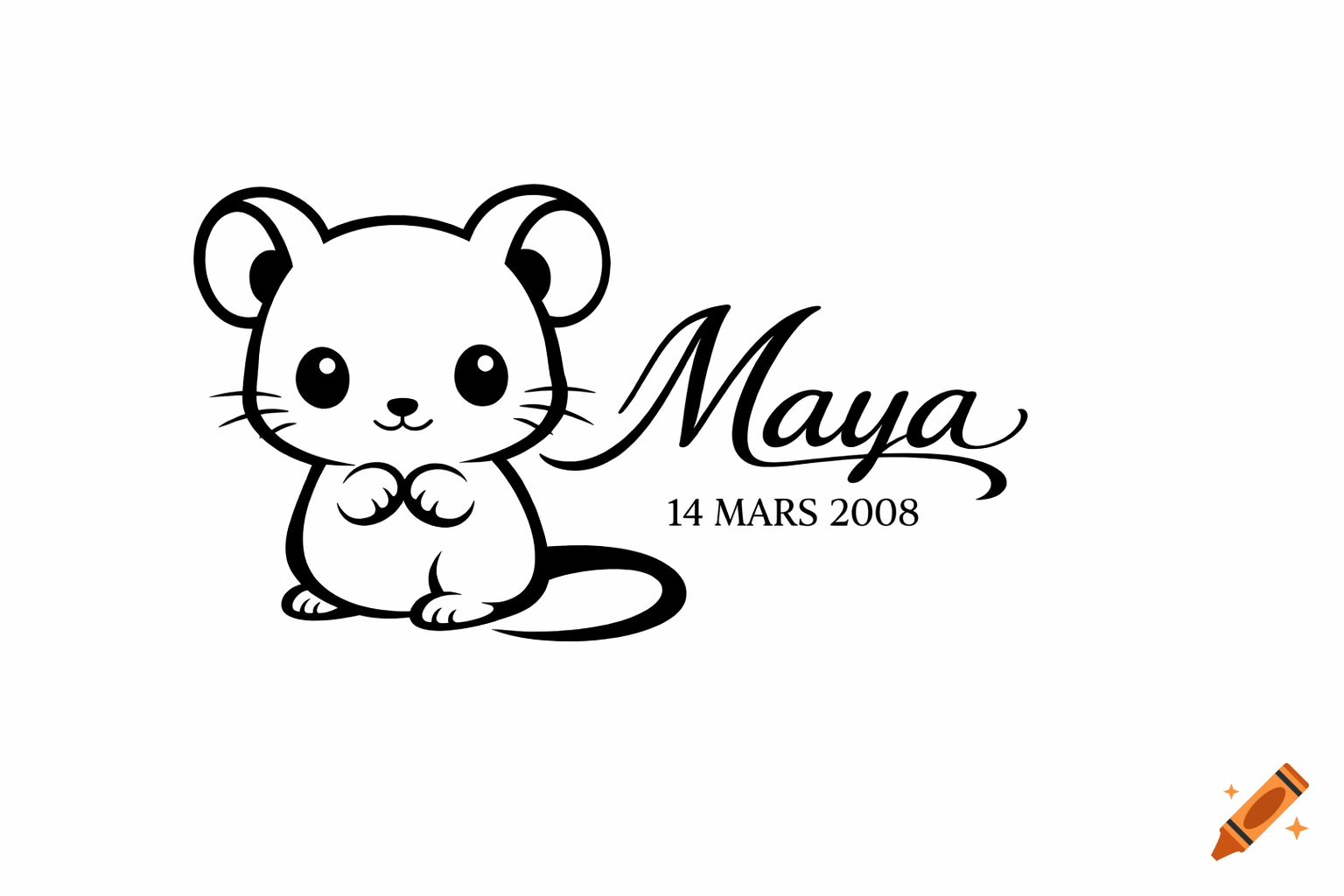 Black and white chibi illustration of a cute mouse sitting, with the text 'Maya' and '14 Mars 2008' next to it.