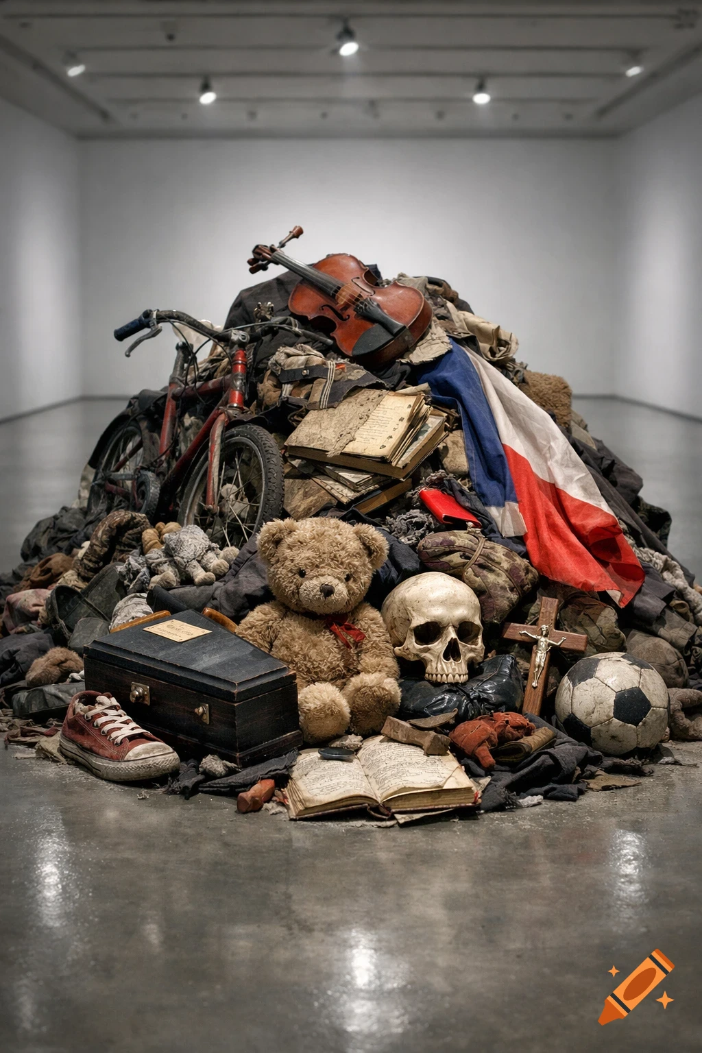 A hyper-realistic museum exhibit featuring a chaotic pile of personal objects, including a bicycle, violin, teddy bear, skull, and national flag, under cold lighting.