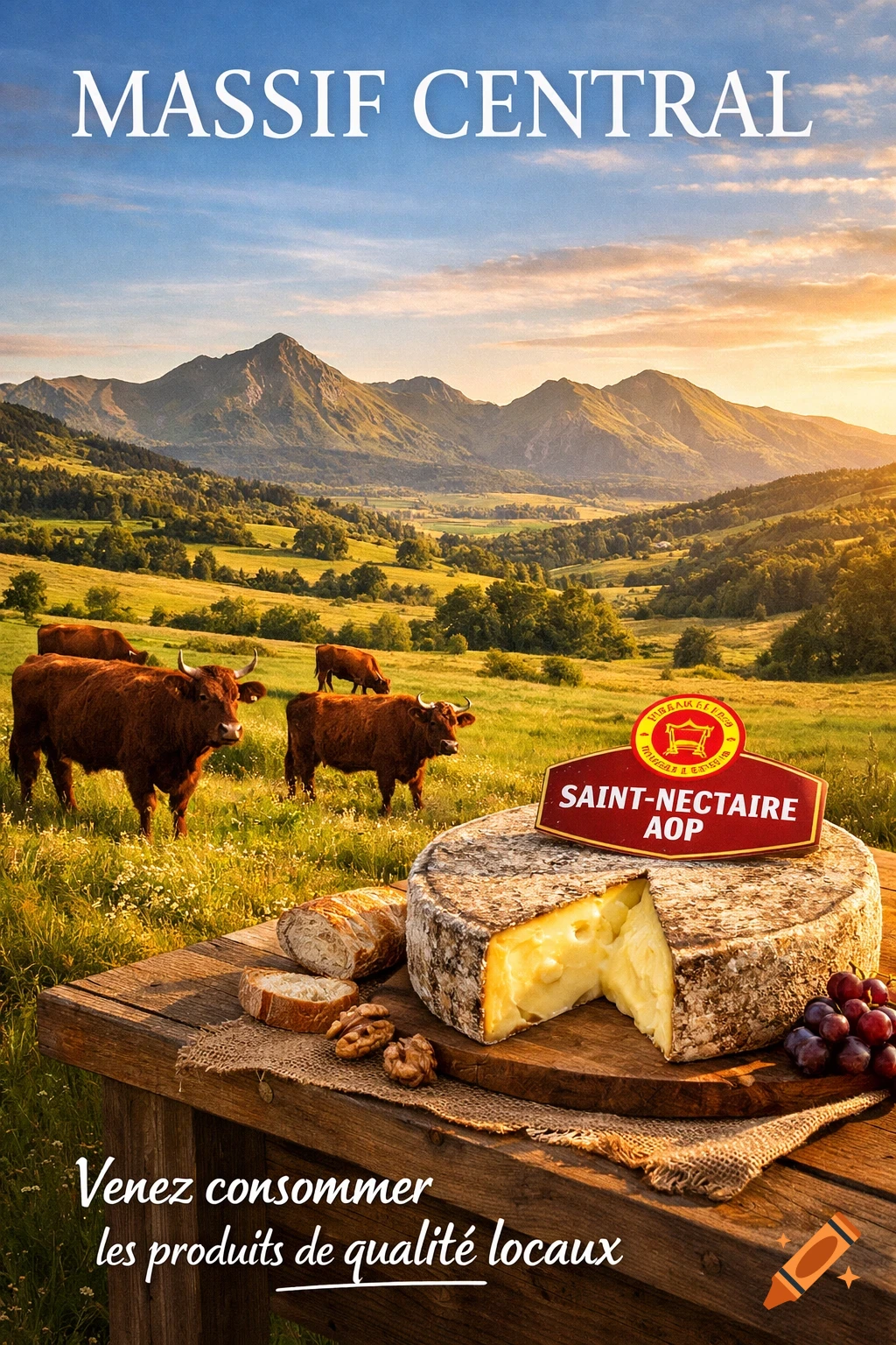 Photorealistic marketing poster for Massif Central, featuring mountains, grazing cows, Saint-Nectaire cheese, bread, and grapes.