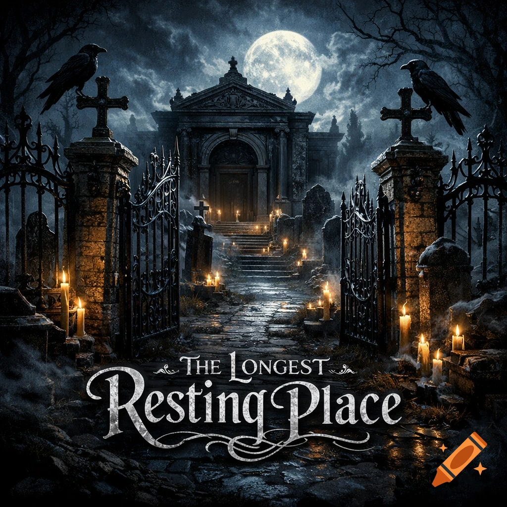Moonlit gothic cemetery with a mausoleum, ravens on iron gates, candlelit path, and 'The Longest Resting Place' text.