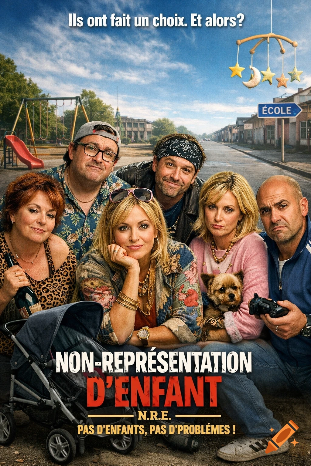 A movie poster for "NON-REPRÉSENTATION D'ENFANT" features six adults and a small dog in front of a playground and an empty street, with a baby mobile in the sky.