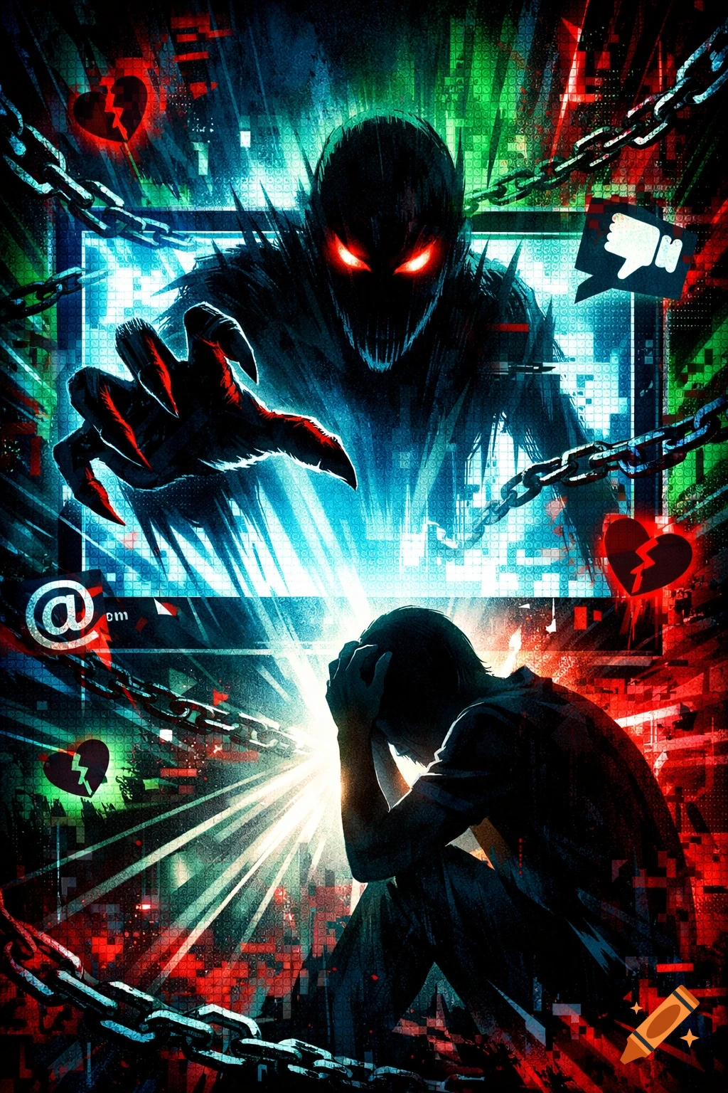 Stylized digital art depicting a person distressed by a menacing figure emerging from a screen, symbolizing cyberharassment, surrounded by digital glitches, chains, and broken hearts.