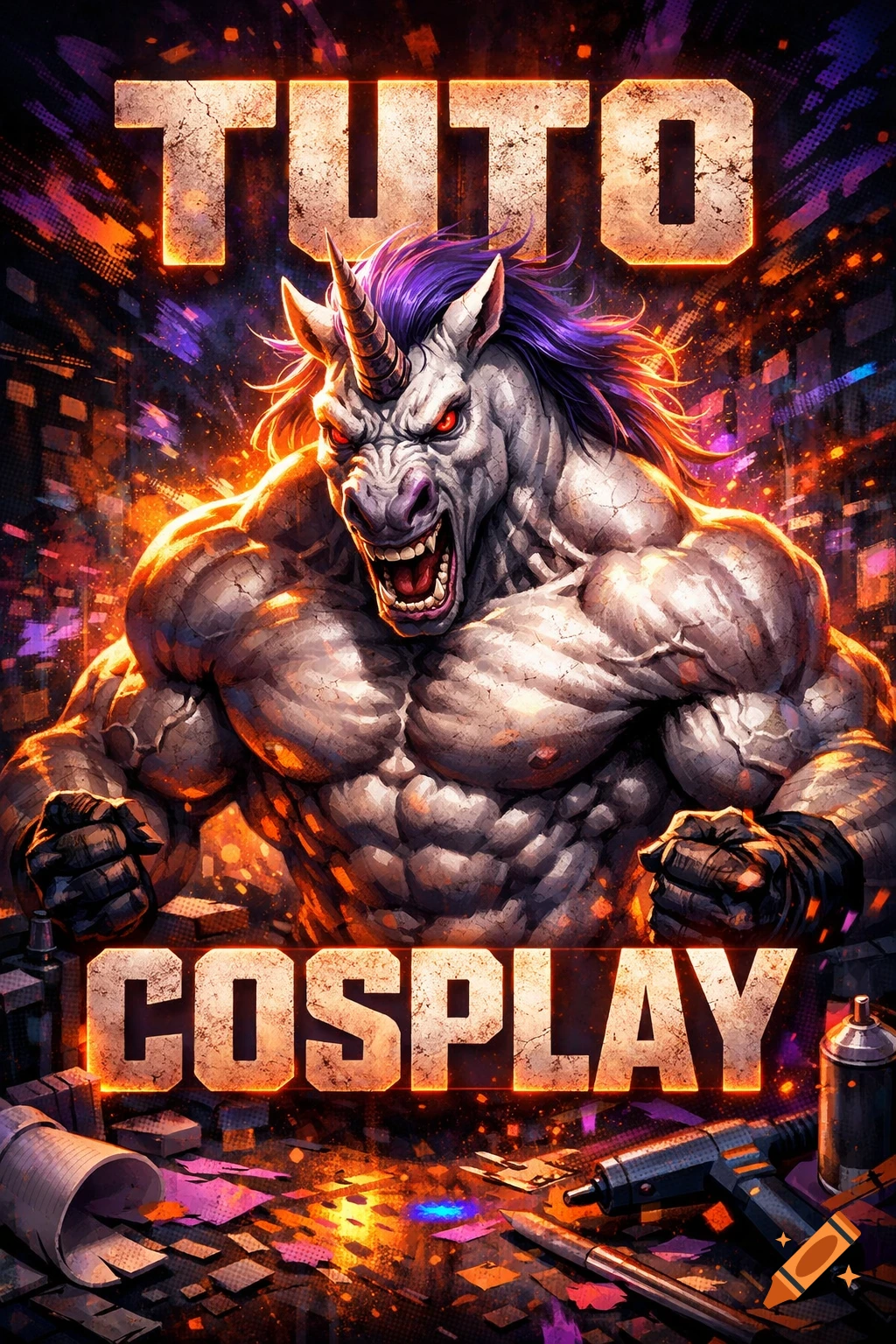 A muscular, angry unicorn with a purple mane and red eyes, fists clenched, with 'TUTO' above and 'COSPLAY' below, in a vibrant, comic-book style.