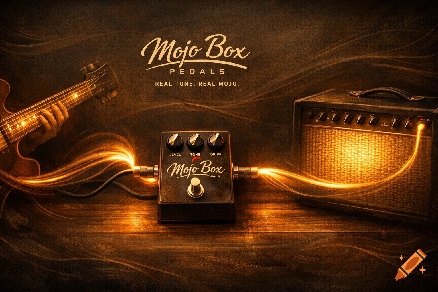 Close-up of a guitar, a Mojo Box effects pedal, and an amplifier connected by glowing cables, on a dark wooden surface.