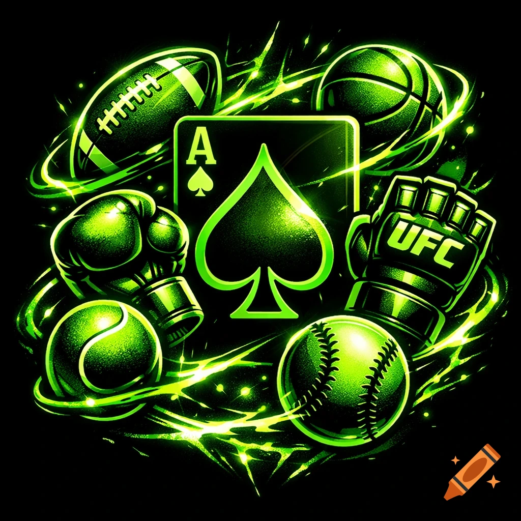 Neon green ace of spades surrounded by orbiting sports equipment (football, basketball, tennis, baseball, boxing, UFC gloves) on black.