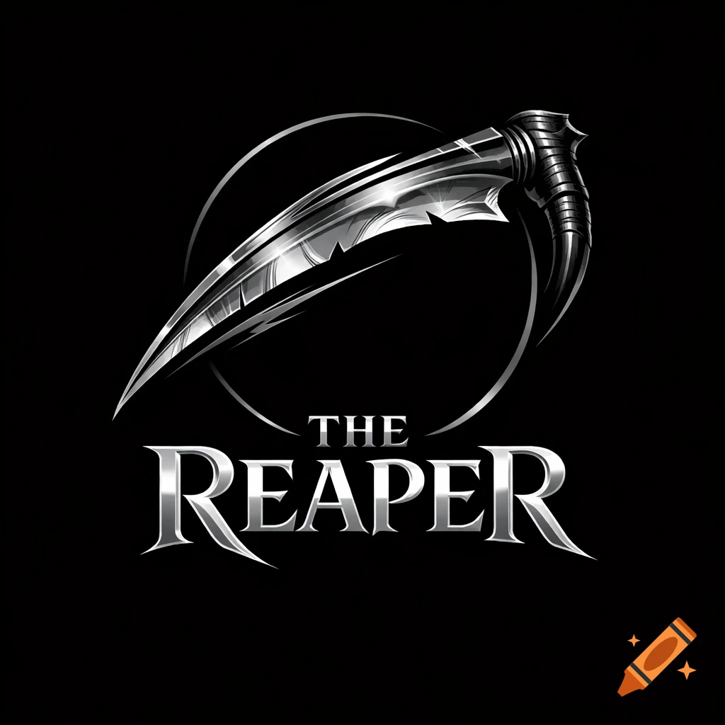 A professional logo featuring a silver metallic, jagged scythe cutting through a dark circle, with the text 'THE REAPER' below, in a dark and demonic style.