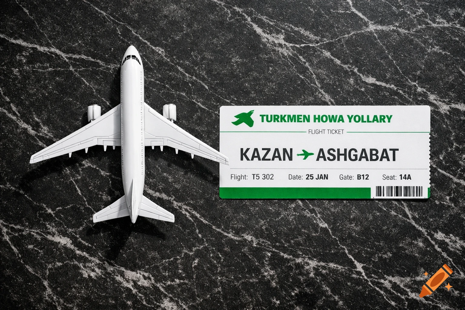 A white model airplane lies next to a green and white flight ticket on a dark marble surface.