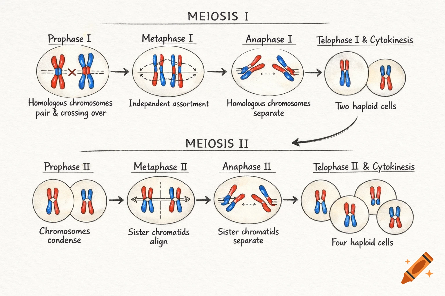 A hand-drawn diagram illustrating the stages of meiosis I and meiosis II with labeled chromosomes and explanations.
