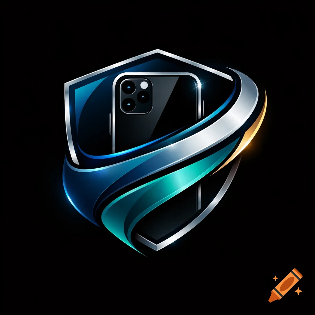 A stylized metallic shield logo featuring a black smartphone with three cameras, encircled by blue, silver, and gold swooshes.