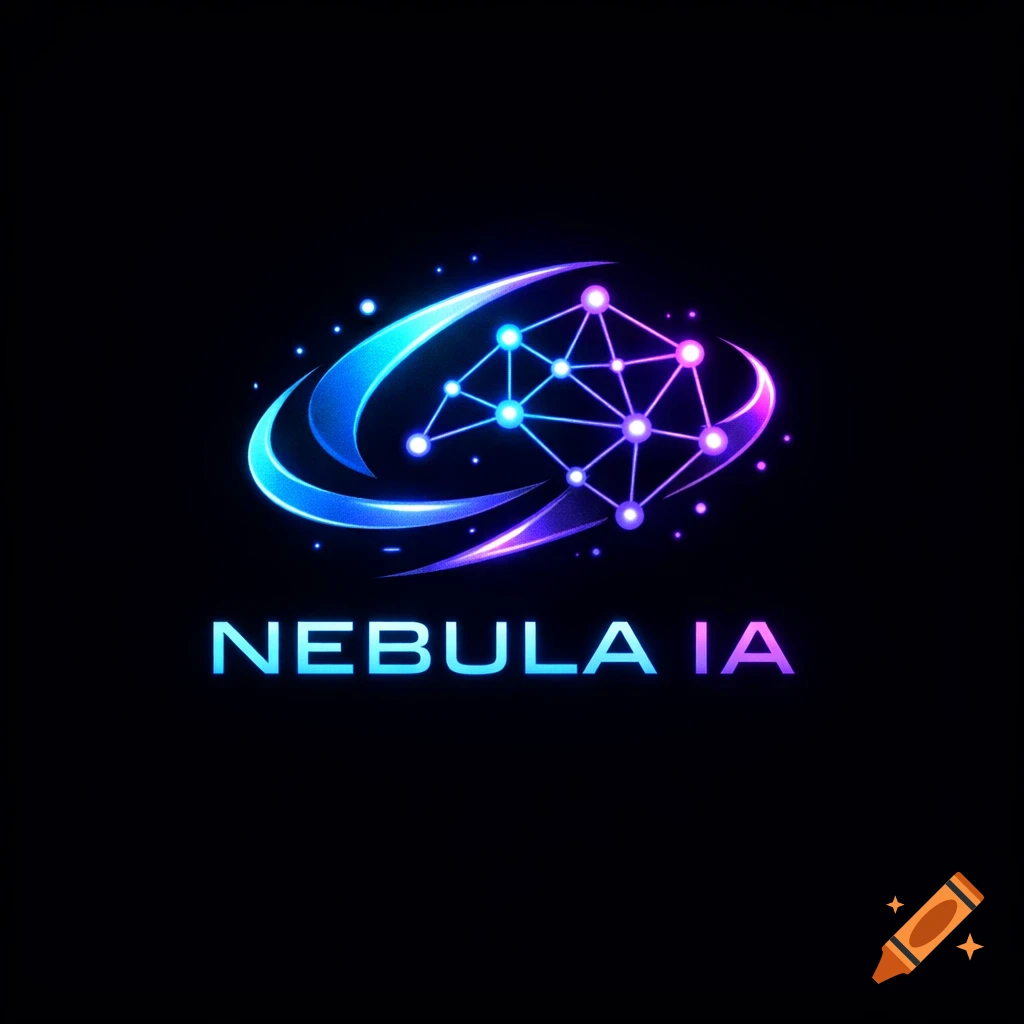 A modern futuristic logo for NEBULA IA, featuring glowing blue and purple geometric network design on a dark background.