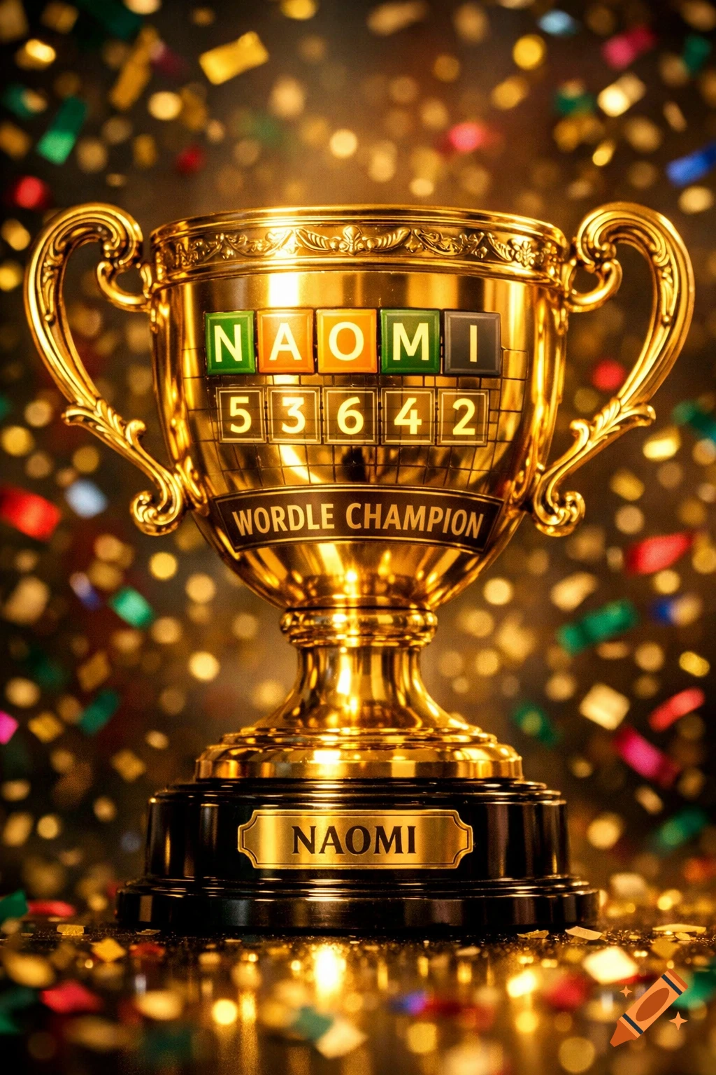 A gleaming gold winner's cup with "NAOMI" in Wordle tiles and "WORDLE CHAMPION" engraved, surrounded by colorful confetti.