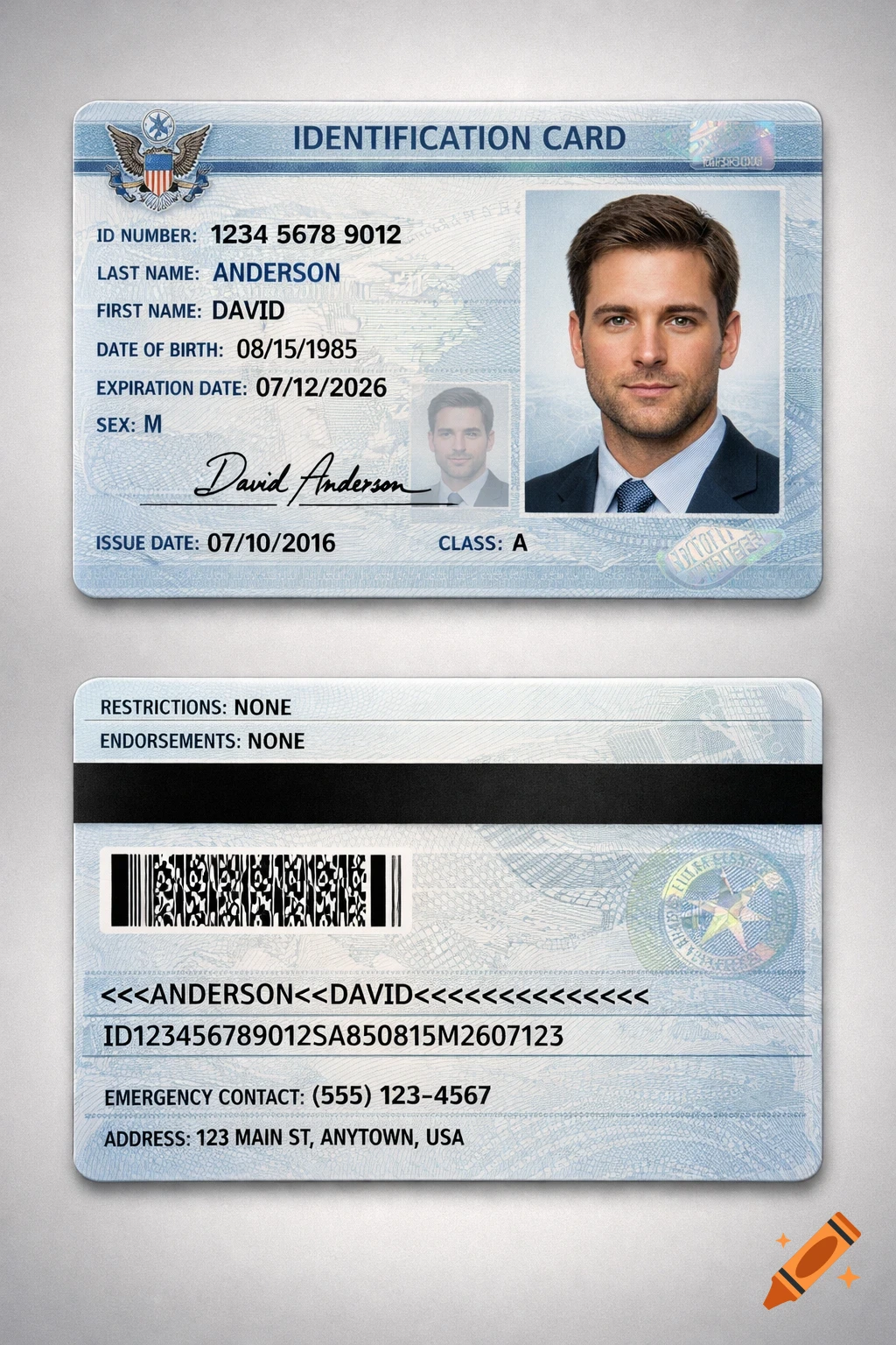 Photorealistic front and back of a government identification card for David Anderson, featuring his photo, personal details, signature, holograms, and a barcode.
