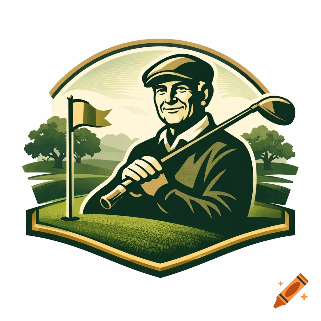 Stylized logo of a smiling senior golfer in a cap holding a club on a green course with a flag.