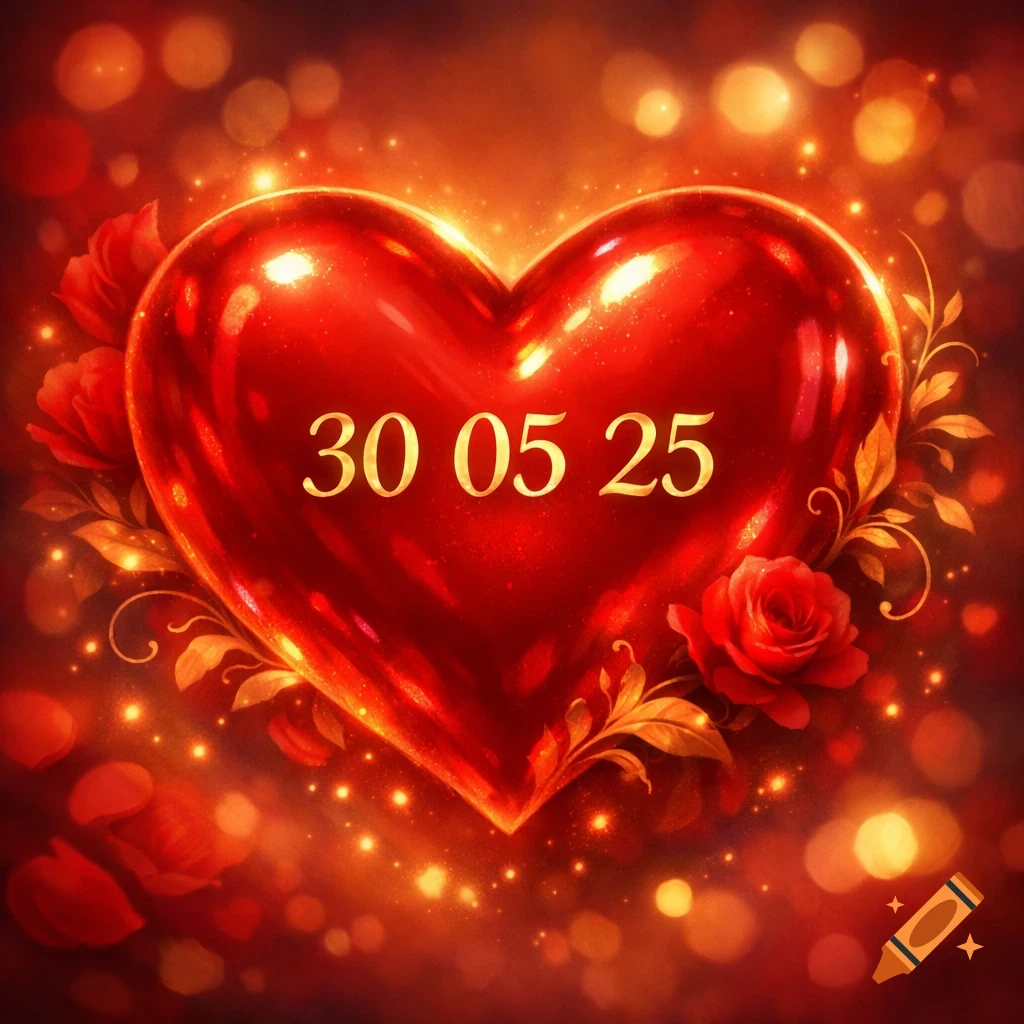 Glossy red heart with golden text '30 05 25', surrounded by red roses and sparkling lights.