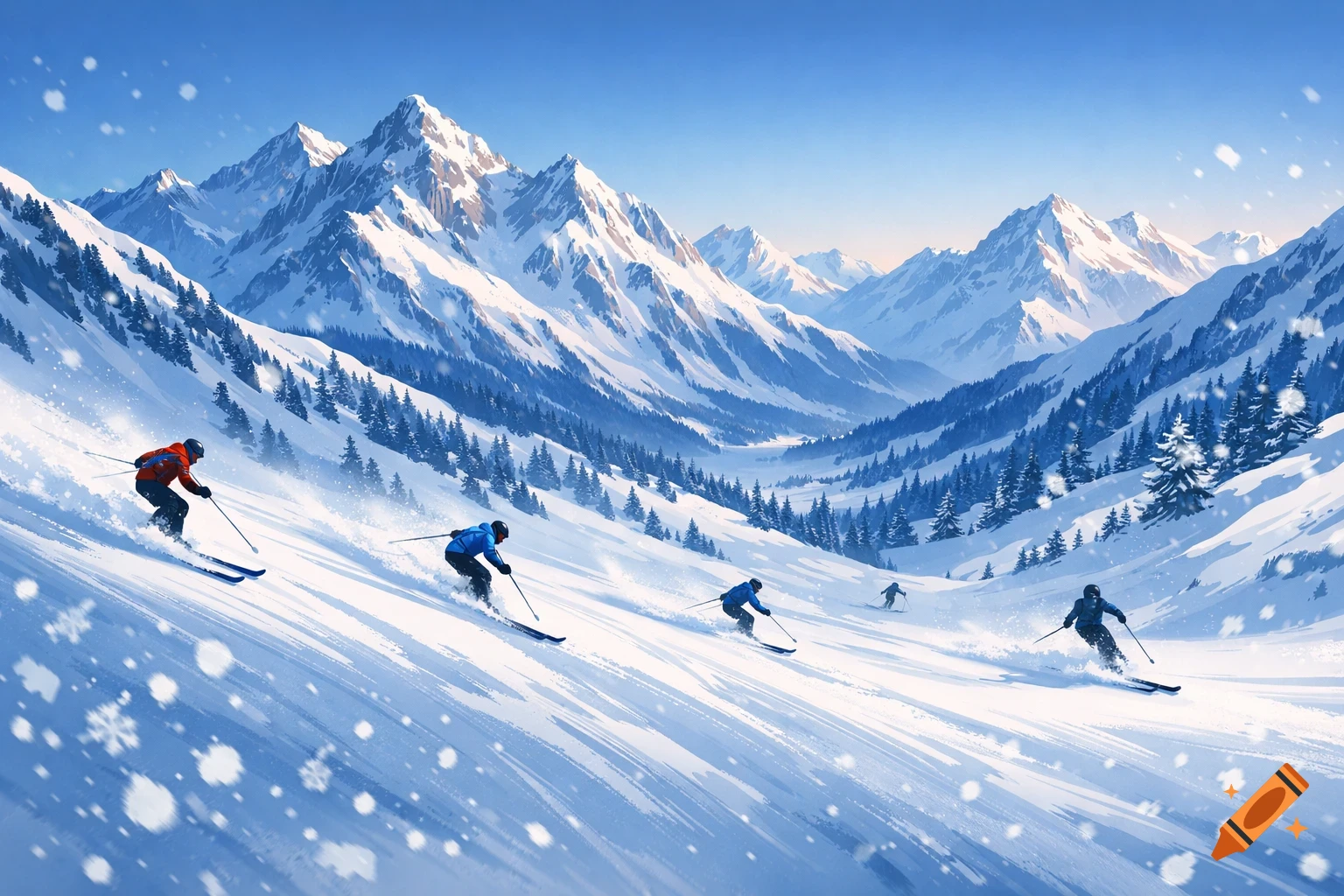 Five skiers descend a snowy mountain slope with pine trees under a clear blue sky, depicted in a digital painting style.