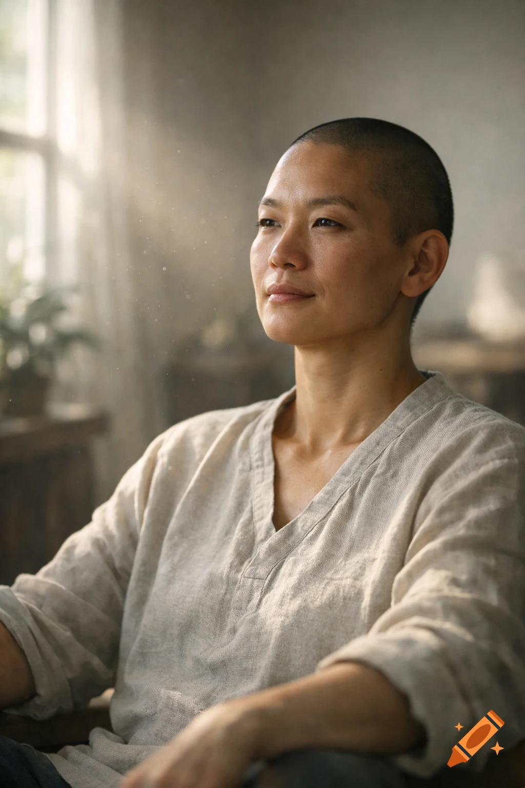 A serene woman with a shaved head in a light-colored tunic looks contemplatively into soft light from a window.