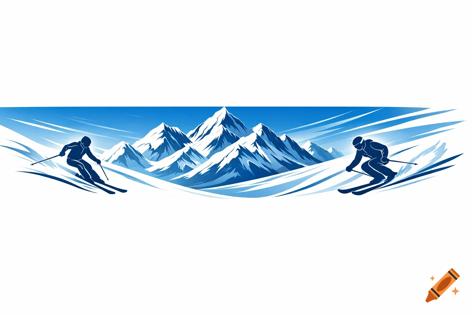 Stylized illustration of two skiers on a snowy mountain range under a blue sky.