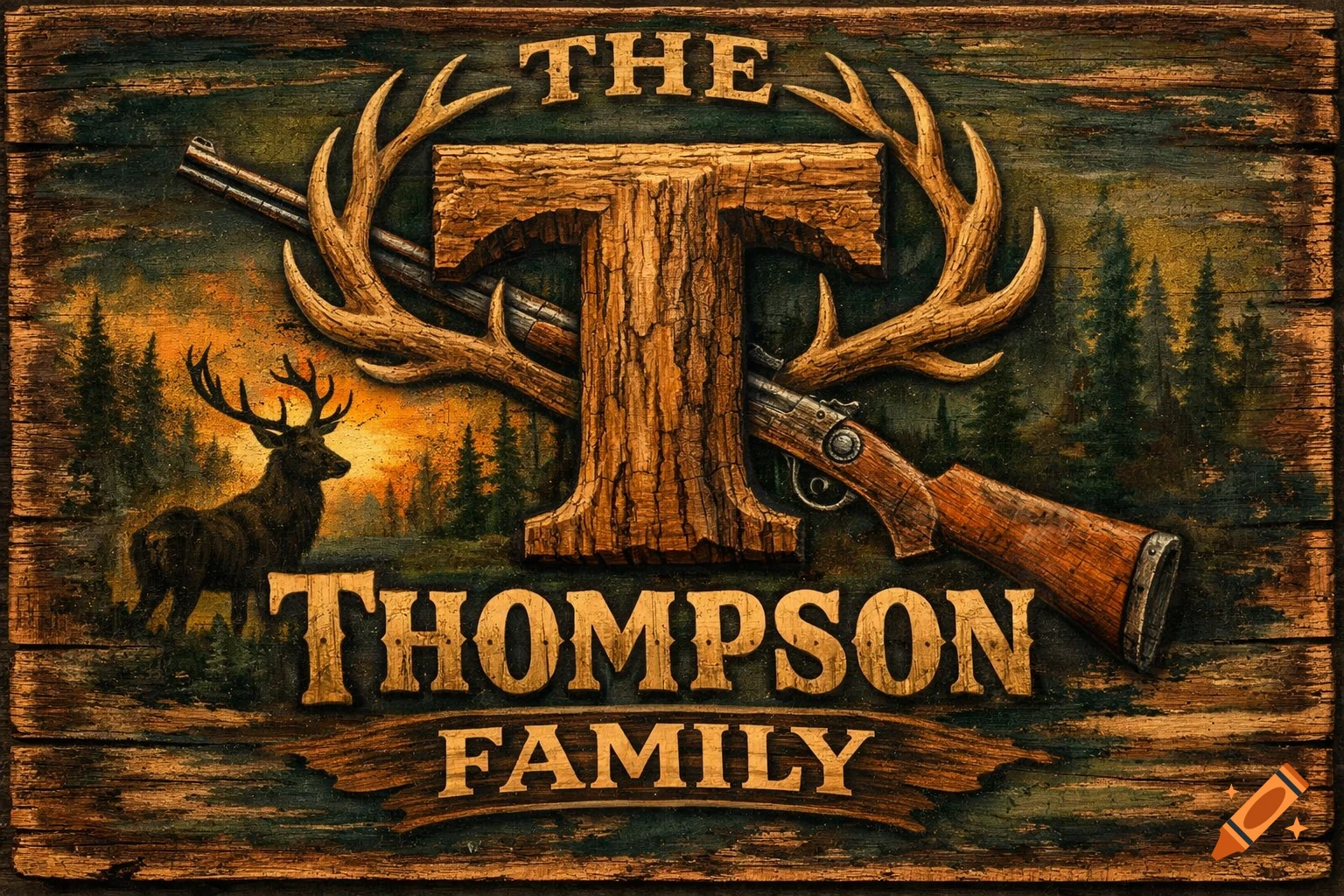 A rustic wooden family sign with 'THE THOMPSON FAMILY' text, a large letter T, antlers, a deer, and a rifle.